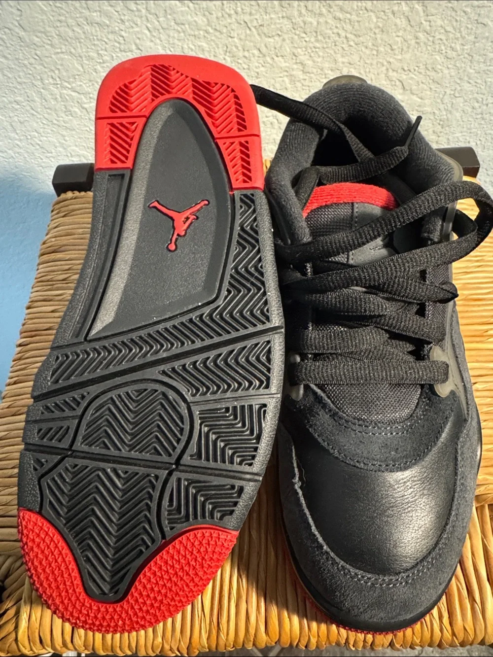 Jordan Men's Black Sneakers with Red Accents and Extra Red Laces